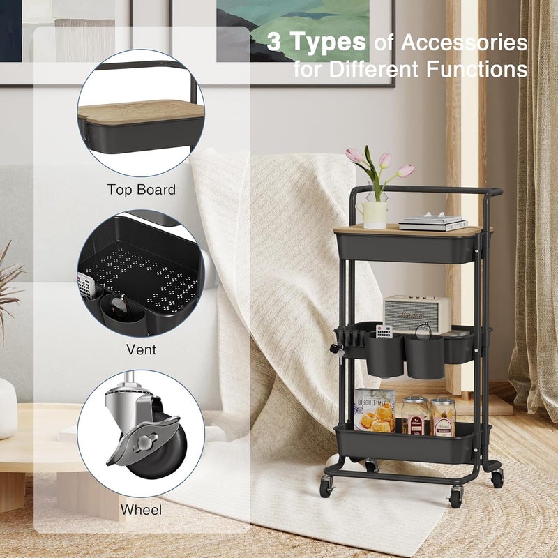 DTK 3 Tier Rolling Cart Uility Cart with Cover Board, Mobile Storage Cart with Wheels, Cups, Hooks for Office Utility Kitchen Bathroom Homeschool Art Craft Postpartum Teacher Cart Organizer(Black) - Image 3